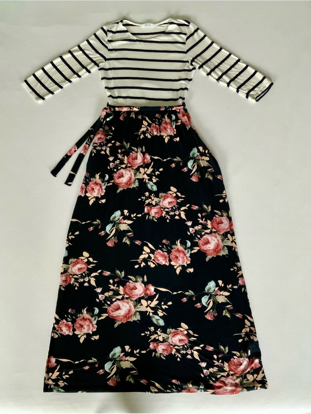 Lux & Co Navy Floral Striped Tie Waist Maxi Dress Size Small